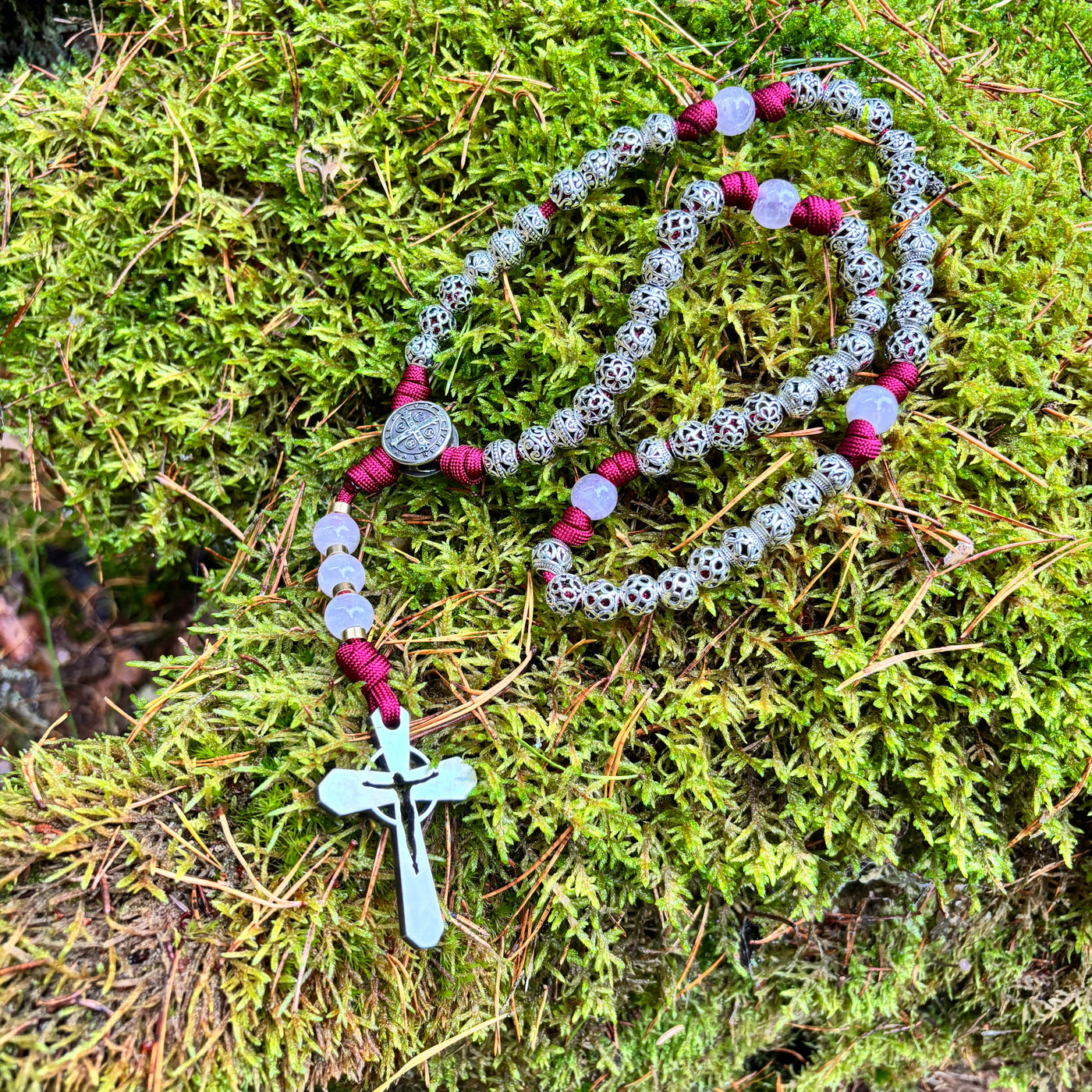 Rosary with natural stone and metal filigree beads, Saint Benedict centerpiece and original 4mm thick stainless steel crucifix