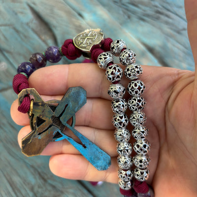 Original crucifix Rosary with natural stone and metal beads, Jerusalem Cross shield centerpiece.