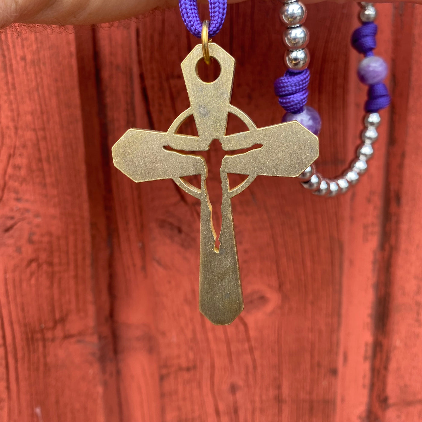 Rosary with natural stone and steel beads, Jerusalem Cross centerpiece and original brass crucifix