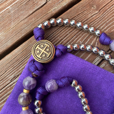 Rosary with natural stone and steel beads, Jerusalem Cross centerpiece and original brass crucifix