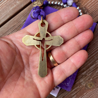 Rosary with natural stone and steel beads, Jerusalem Cross centerpiece and hammered original brass crucifix