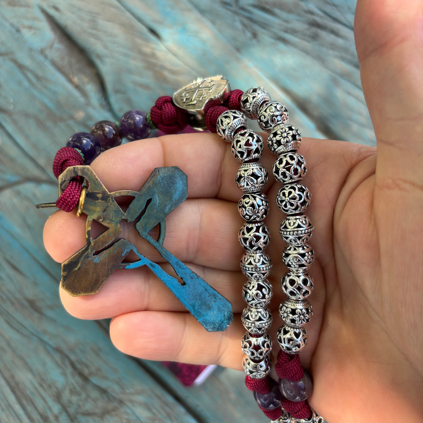 Original crucifix Rosary with natural stone and metal beads, Jerusalem Cross shield centerpiece.