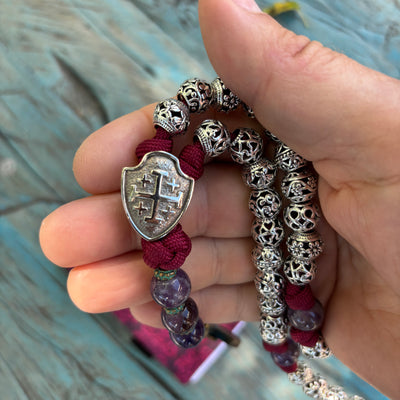 Original crucifix Rosary with natural stone and metal beads, Jerusalem Cross shield centerpiece.