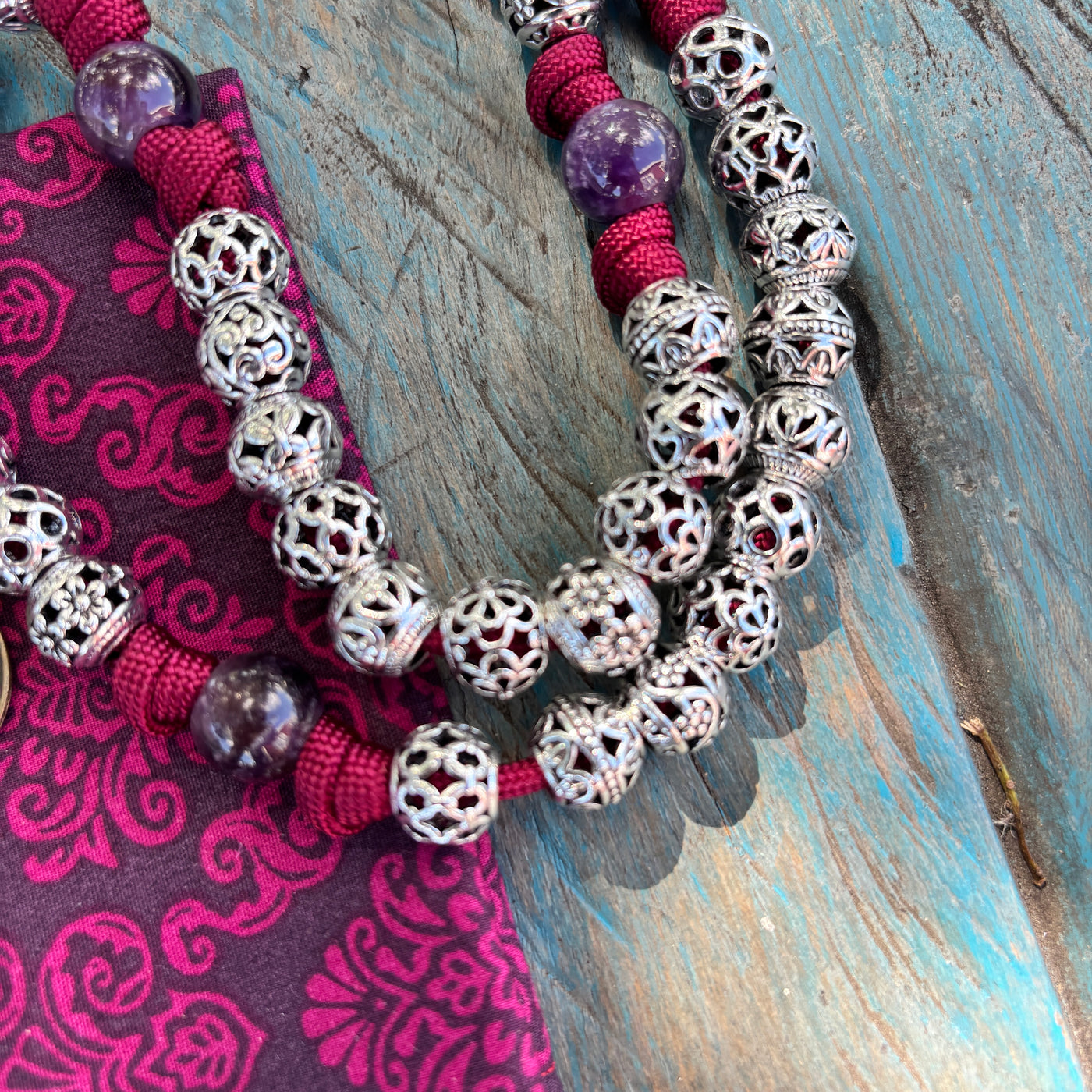 Original crucifix Rosary with natural stone and metal beads, Jerusalem Cross shield centerpiece.