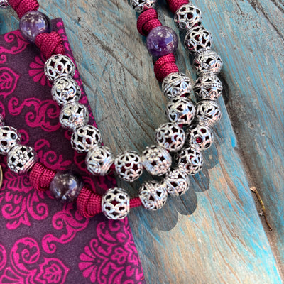 Original crucifix Rosary with natural stone and metal beads, Jerusalem Cross shield centerpiece.