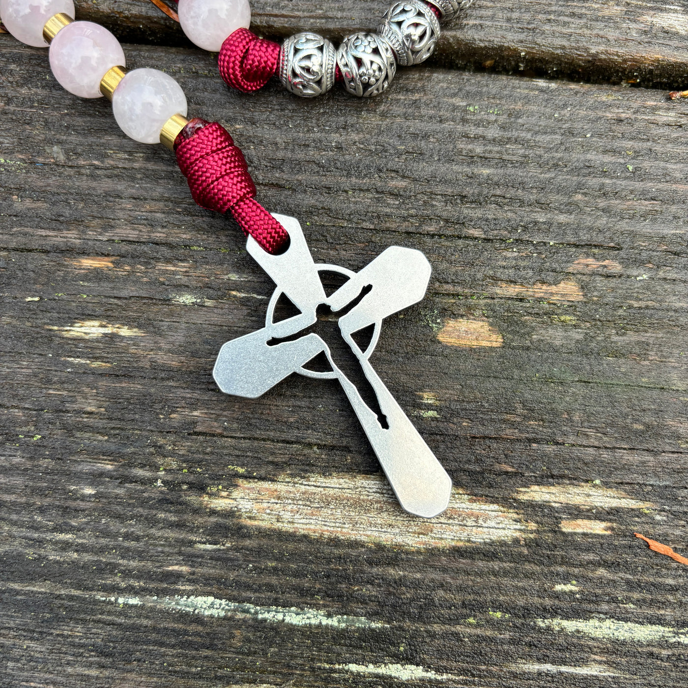 Rosary with natural stone and metal filigree beads, Saint Benedict centerpiece and original 4mm thick stainless steel crucifix