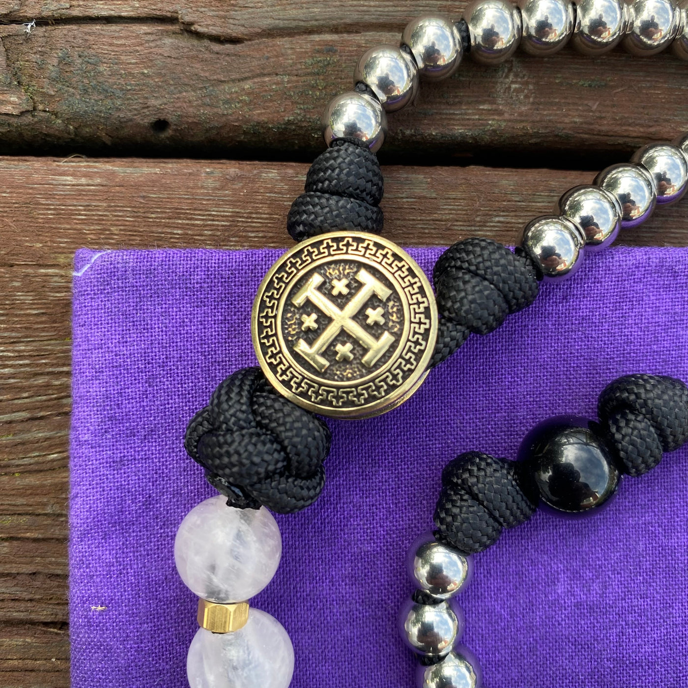 Rosary with natural stone and steel beads, Jerusalem Cross centerpiece and hammered original brass crucifix