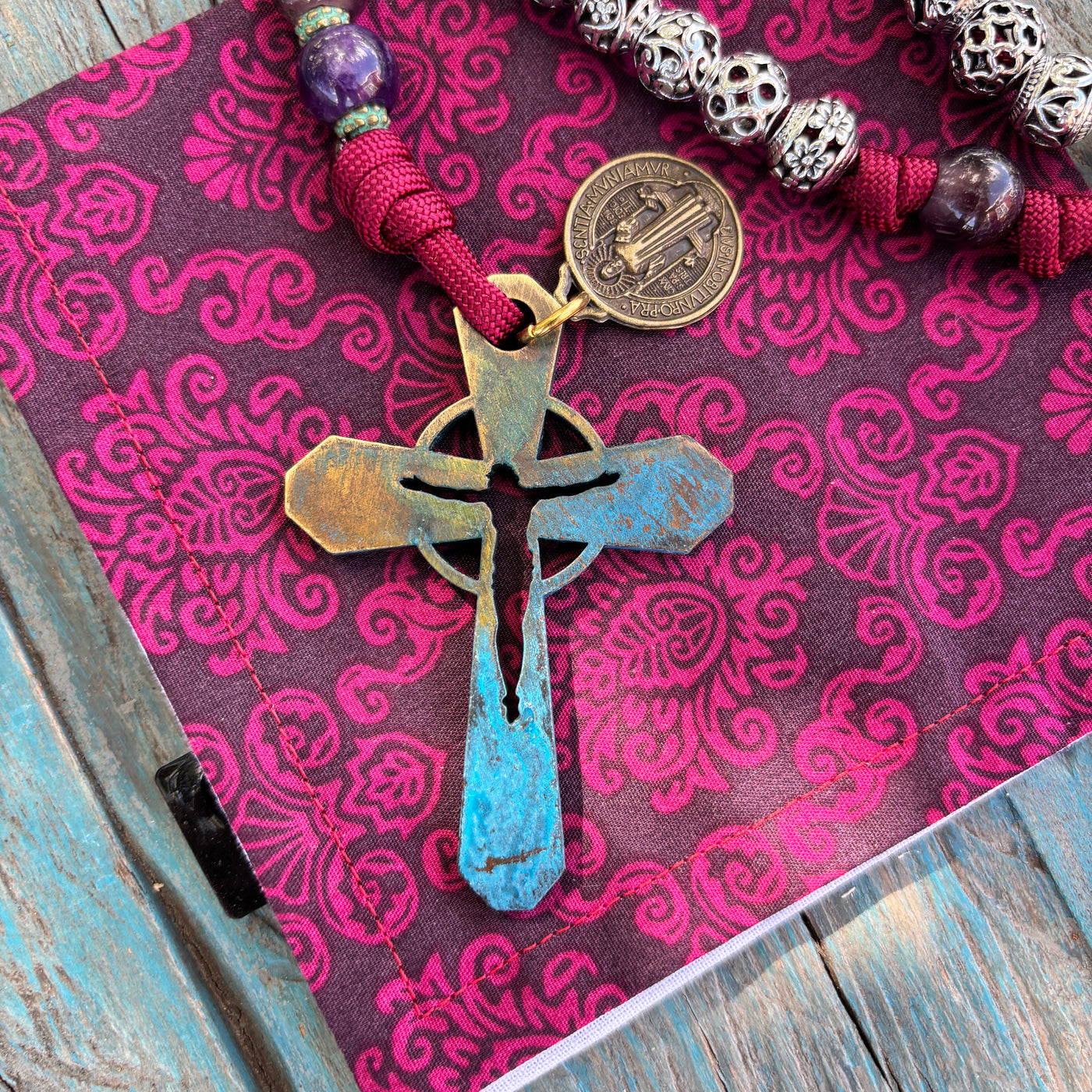 Original crucifix Rosary with natural stone and metal beads, Jerusalem Cross shield centerpiece.