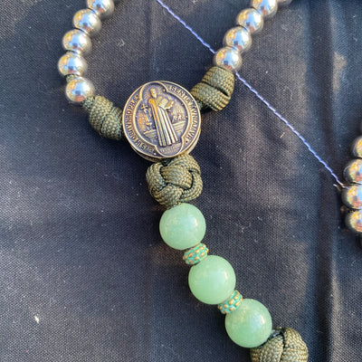 Rosary with natural stone and steel beads, Saint Benedict centerpiece and crucifix from the Vatican