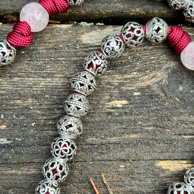 Rosary with natural stone and metal filigree beads, Saint Benedict centerpiece and original 4mm thick stainless steel crucifix