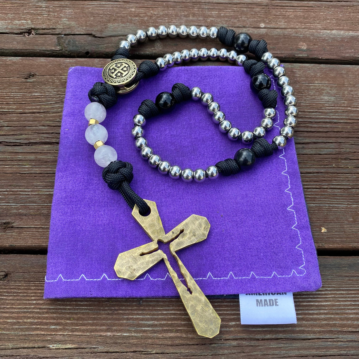 Rosary with natural stone and steel beads, Jerusalem Cross centerpiece and hammered original brass crucifix