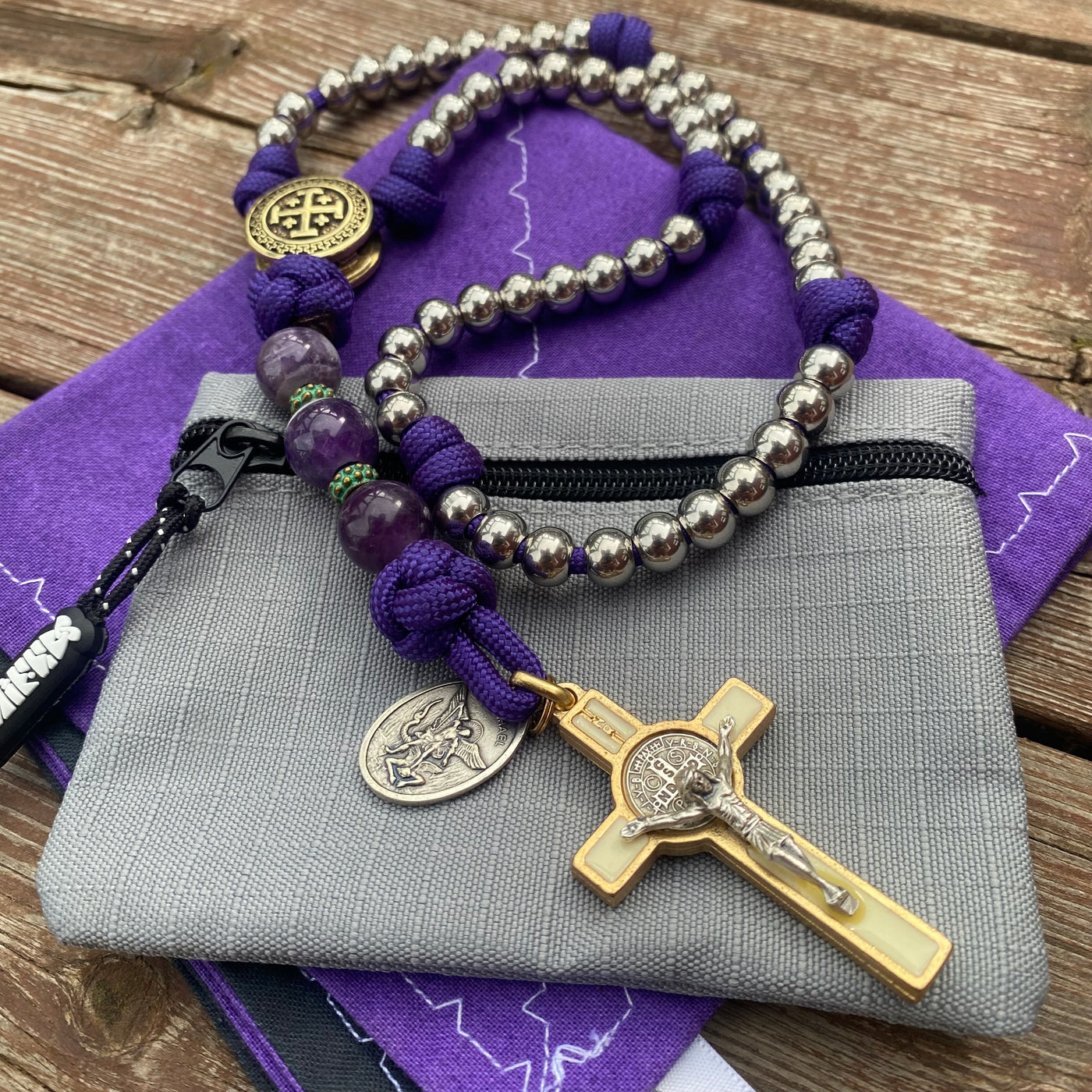 Rosary with steel beads, Jerusalem Cross centerpiece and crucifix from the Vatican