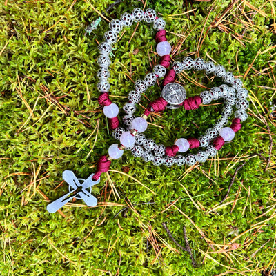 Rosary with natural stone and metal filigree beads, Saint Benedict centerpiece and original 4mm thick stainless steel crucifix