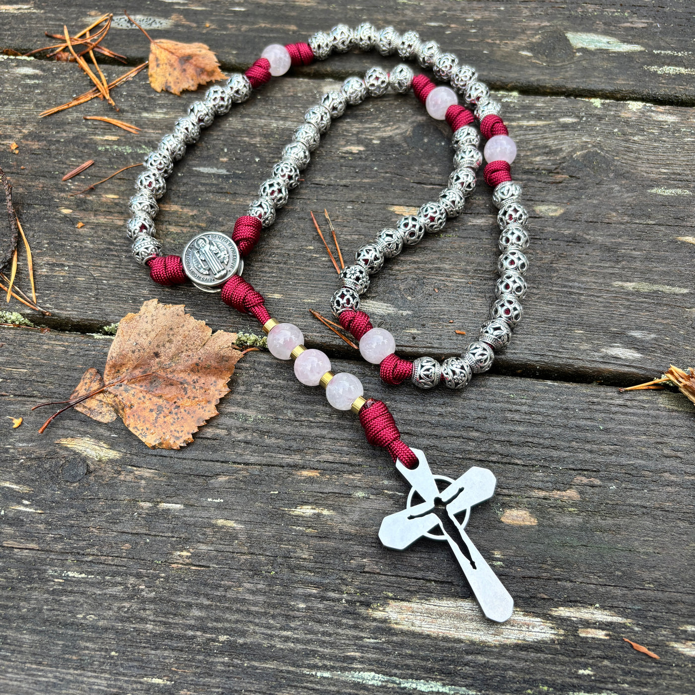 Rosary with natural stone and metal filigree beads, Saint Benedict centerpiece and original 4mm thick stainless steel crucifix