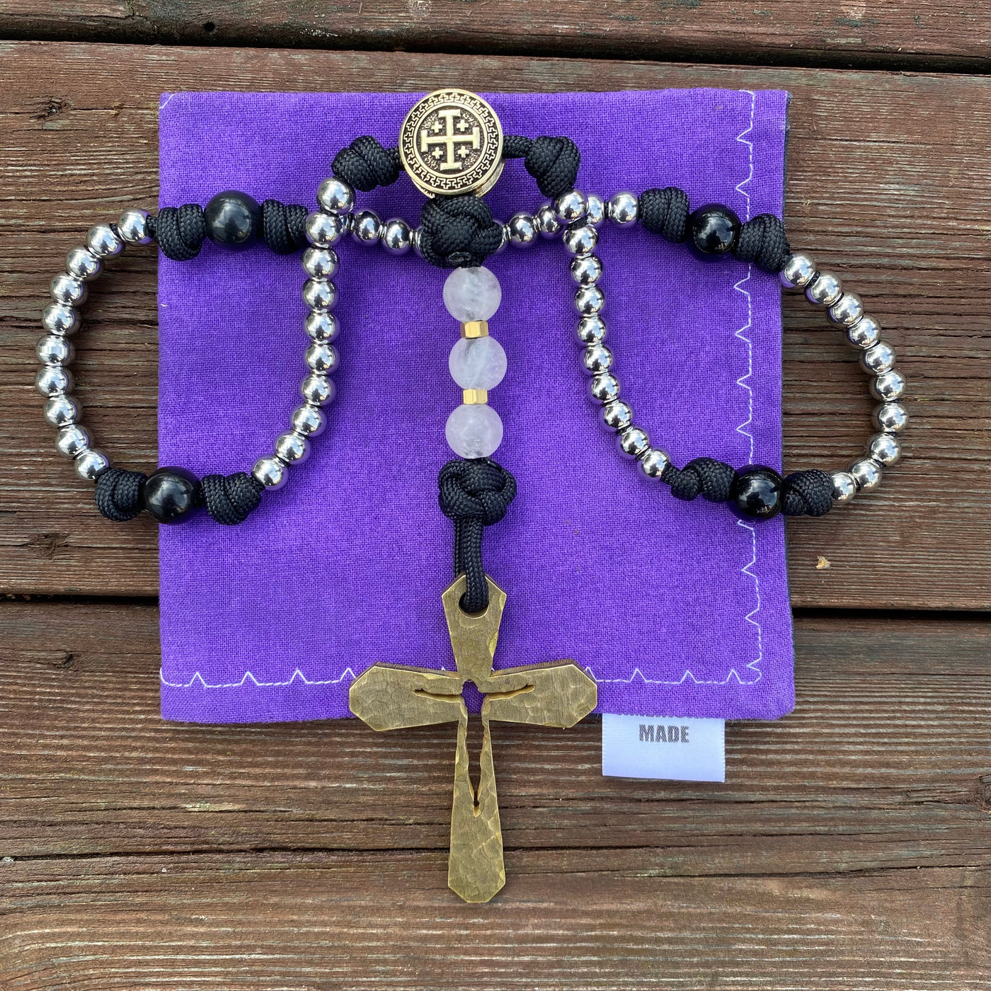 Rosary with natural stone and steel beads, Jerusalem Cross centerpiece and hammered original brass crucifix