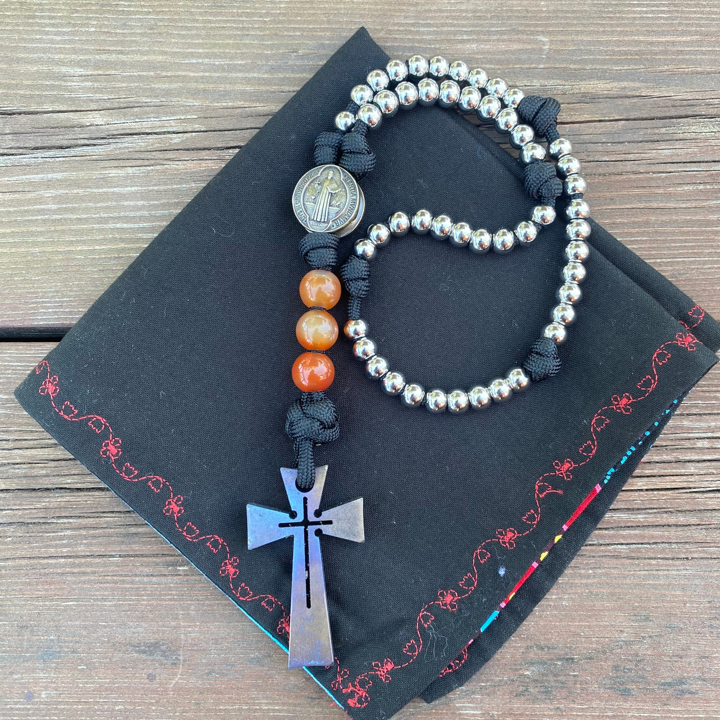 Rosary with steel beads, Saint Benedict centerpiece and titanium cross