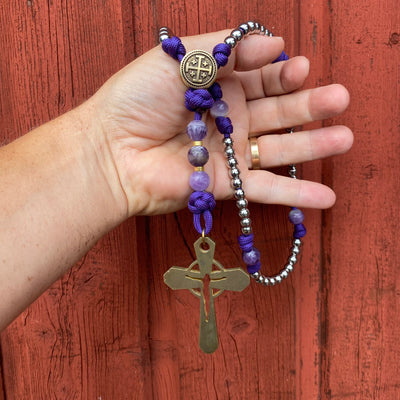 Rosary with natural stone and steel beads, Jerusalem Cross centerpiece and original brass crucifix