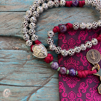 Original crucifix Rosary with natural stone and metal beads, Jerusalem Cross shield centerpiece.