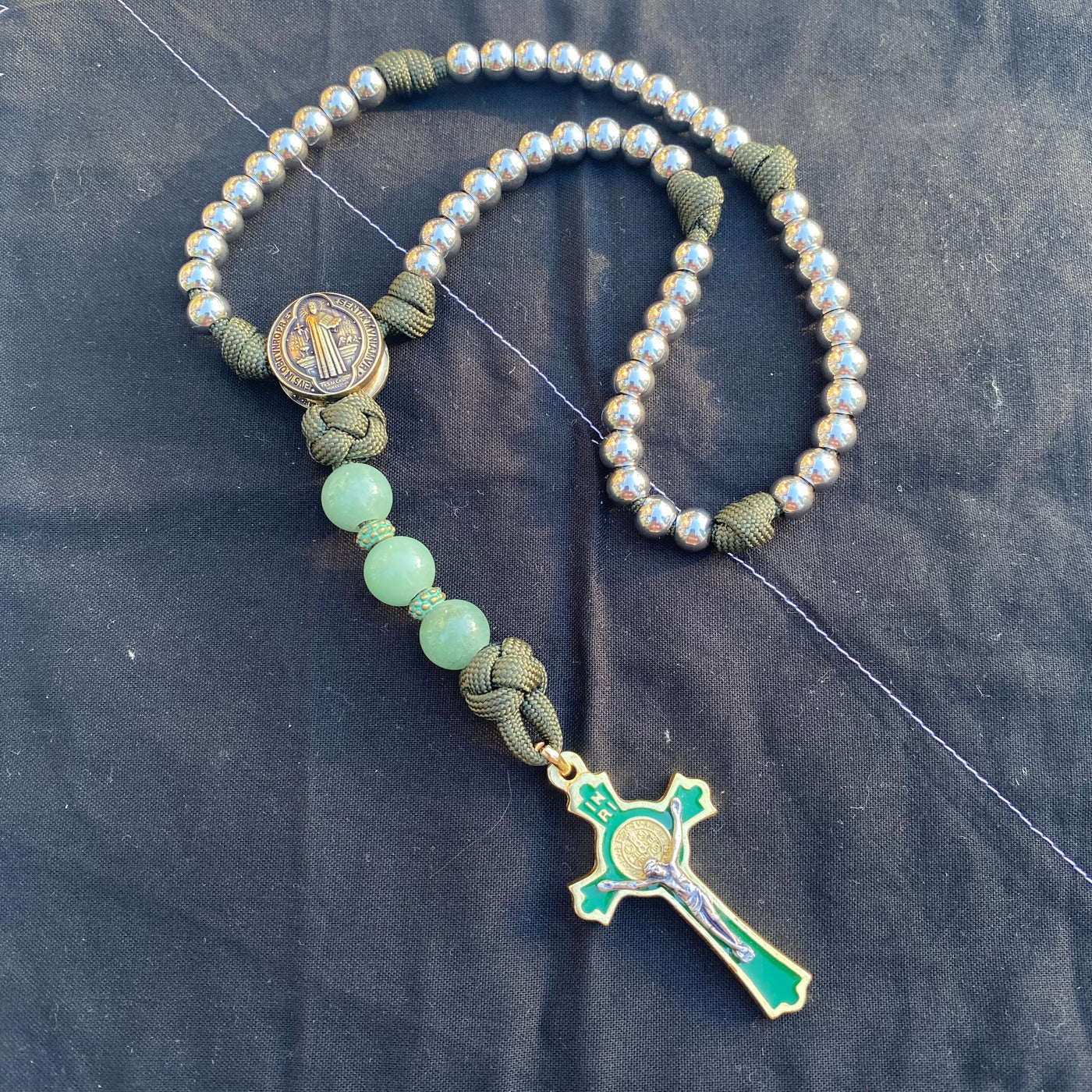 Rosary with natural stone and steel beads, Saint Benedict centerpiece and crucifix from the Vatican