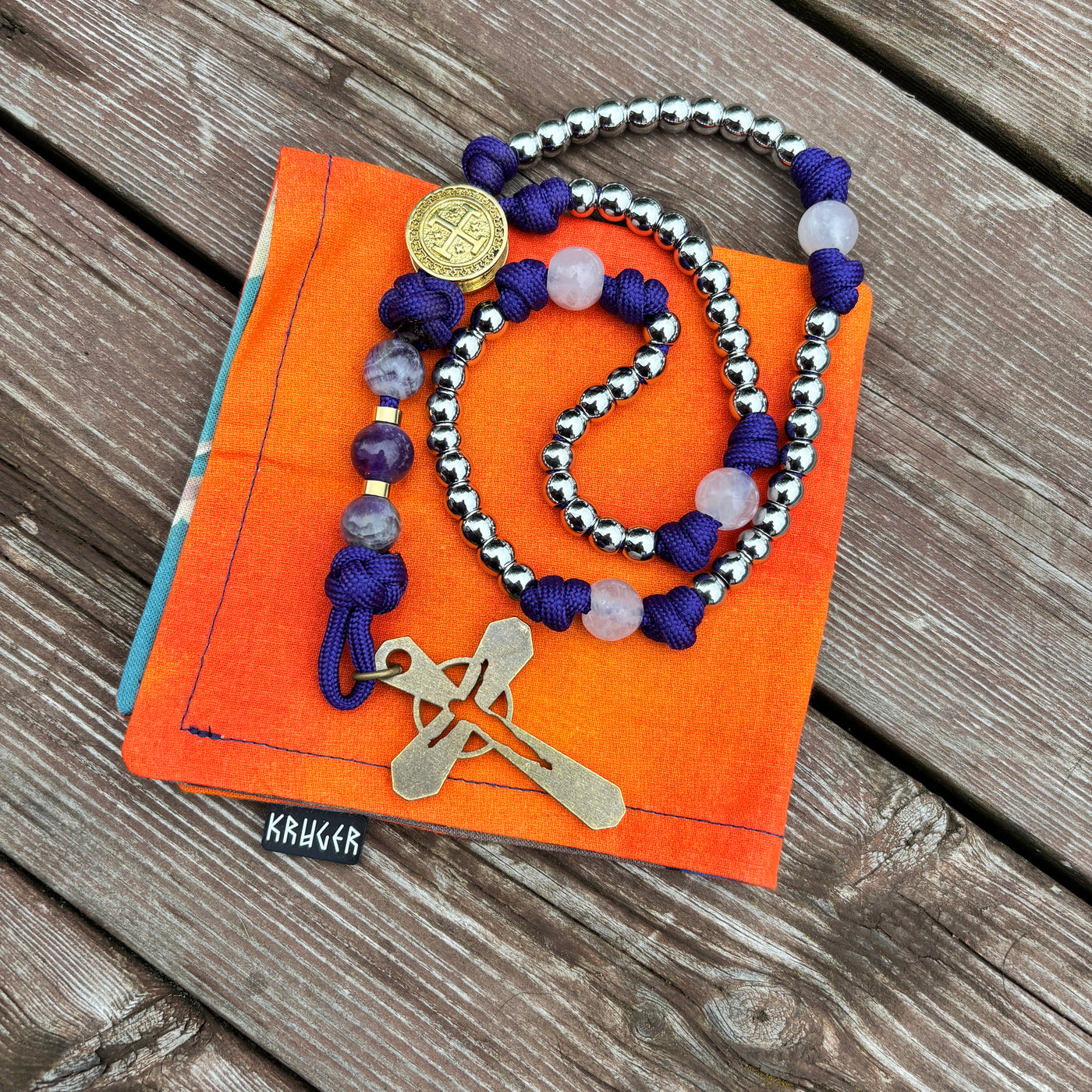 Rosary with natural stone and steel beads, Jerusalem Cross centerpiece and original brass crucifix