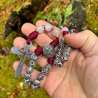 Rosary with natural stone and metal filigree beads, Saint Benedict centerpiece and original 4mm thick stainless steel crucifix