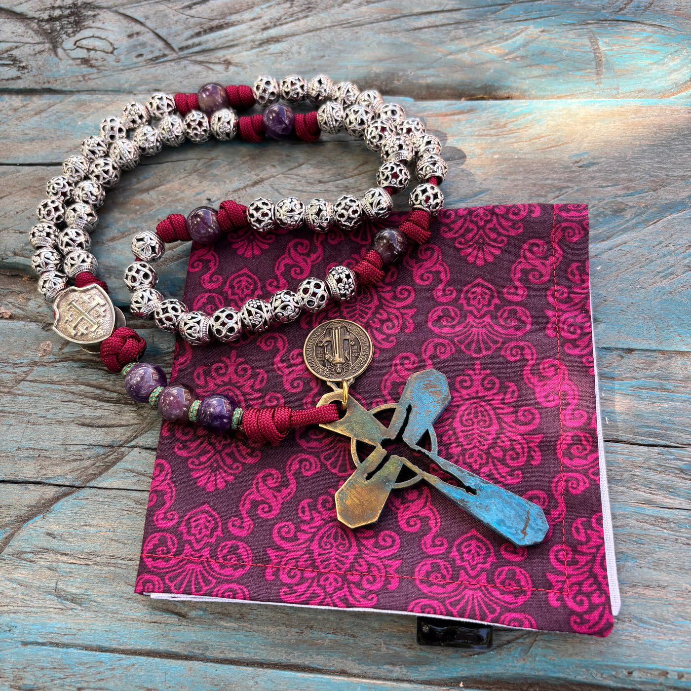 Original crucifix Rosary with natural stone and metal beads, Jerusalem Cross shield centerpiece.