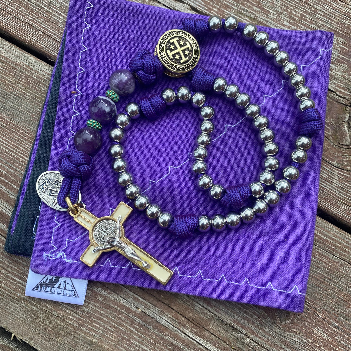 Rosary with steel beads, Jerusalem Cross centerpiece and crucifix from the Vatican