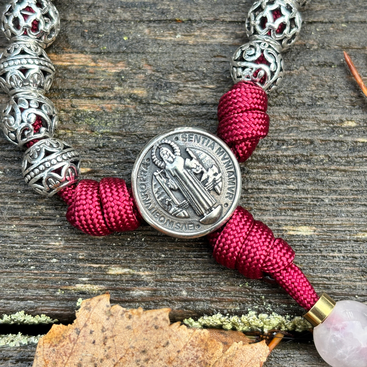 Rosary with natural stone and metal filigree beads, Saint Benedict centerpiece and original 4mm thick stainless steel crucifix