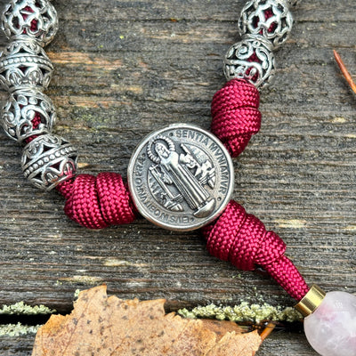 Rosary with natural stone and metal filigree beads, Saint Benedict centerpiece and original 4mm thick stainless steel crucifix