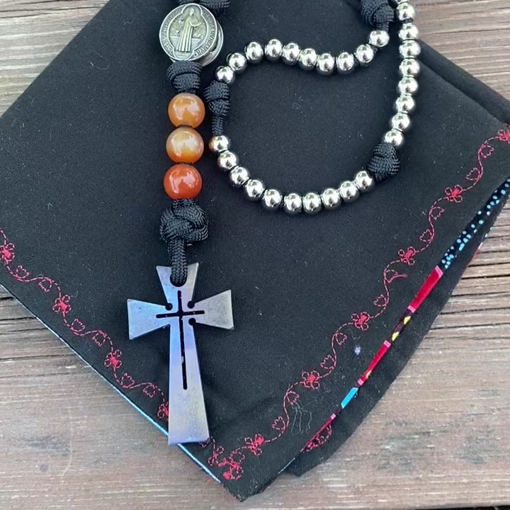 Rosary with steel beads, Saint Benedict centerpiece and titanium cross