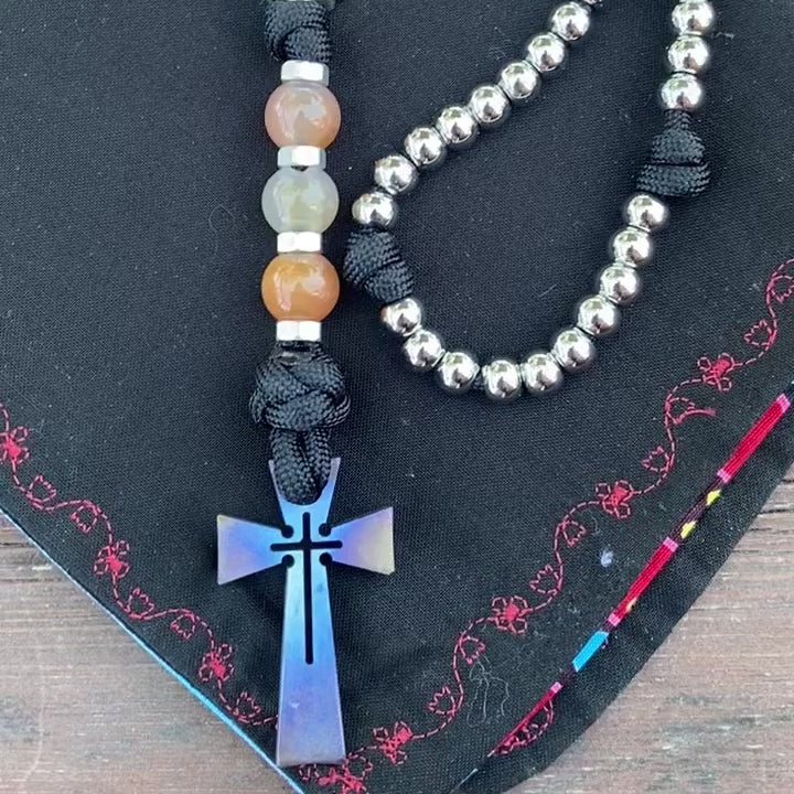 Rosary with steel beads, Jerusalem cross centerpiece  and titanium cross